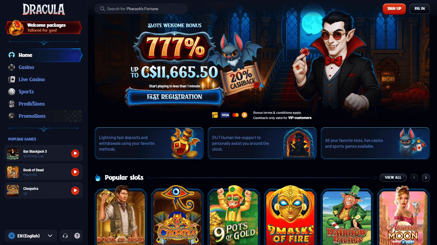 Dracula Casino casino lobby on desktop
